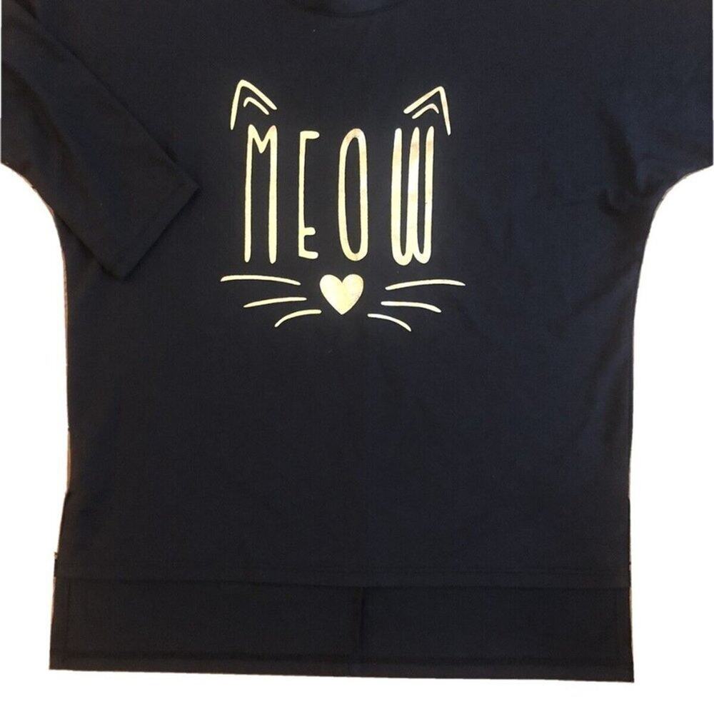 Charming Charlie Meow Cat Black And Gold 3/4 Sleeve Shirt Size Small
